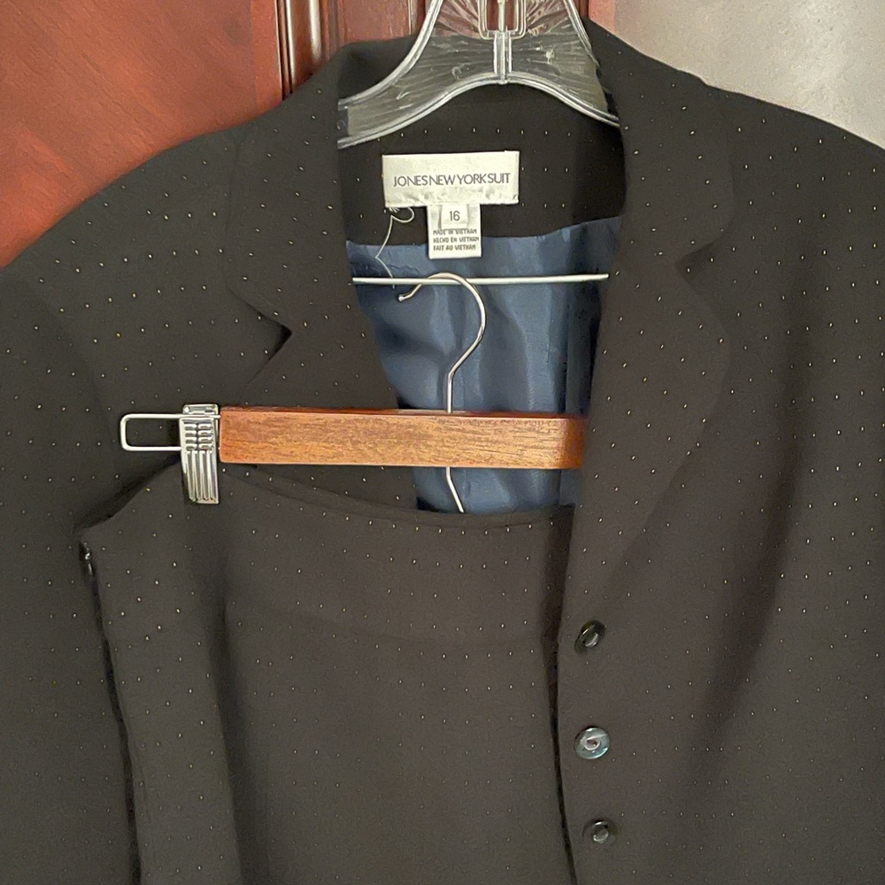 Jones New York Black Blazer with Blue Lining and Matching Skirt.